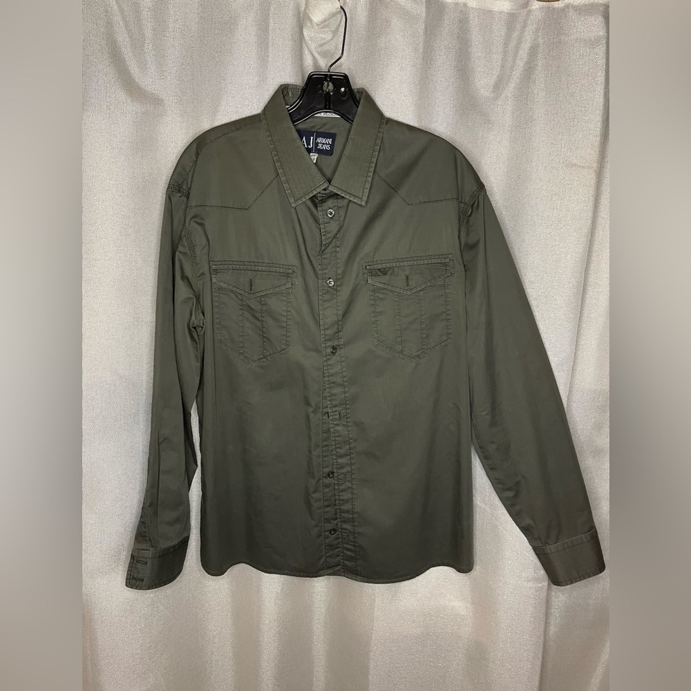 Armani Jeans Long Sleeve Shirt Green Size XXL, Double Breast Pockets Elbow Patch - Picture 12 of 12